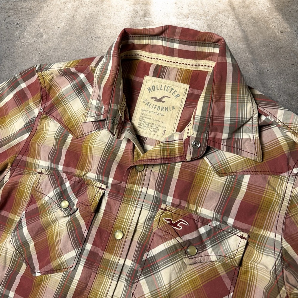 Hollister Men Plaid Pearl Snap Western Shirt Red Yellow Vintage Skater Size S